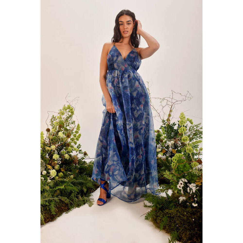 Lulus Bloom Wildly Navy Blue Floral Organza Maxi Dress - Size S